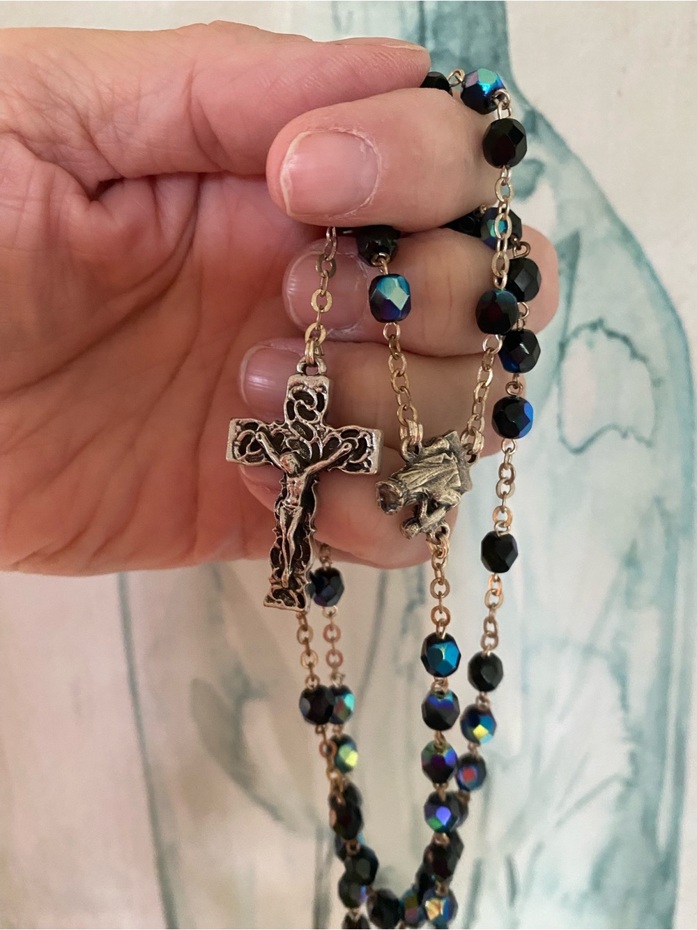 Blue/Black Shimmer Beaded Crucifix Rosary- Unbranded. From Rome